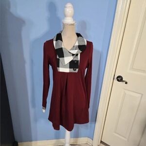 Burgundy Long Sleeve Dress with Plaid Collar